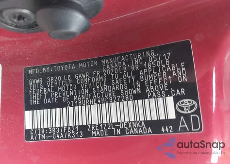 2017 Toyota Corolla Le from USA, damaged, VIN 2T1BURHE4HC927280